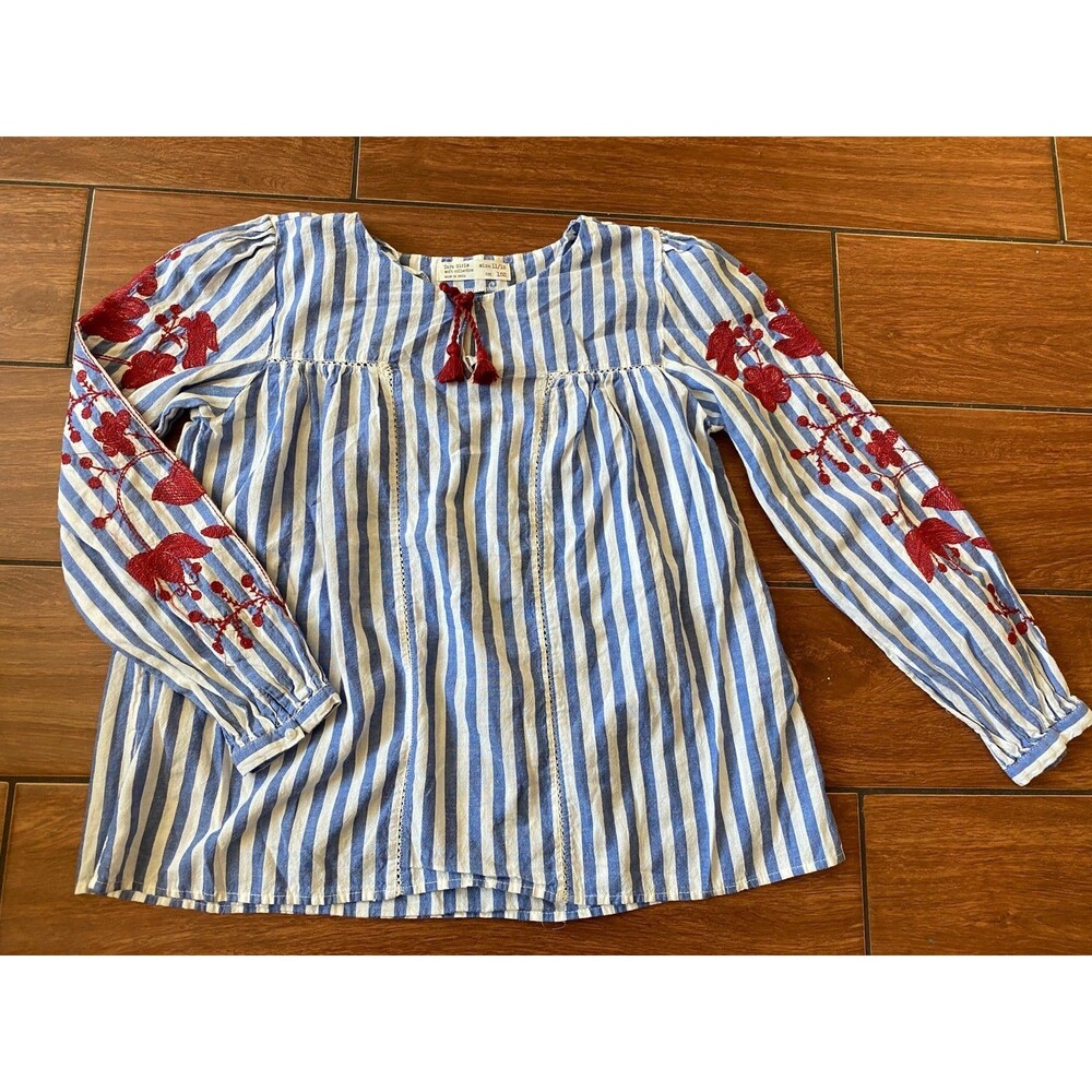Zara Size 11/12 Striped Flower Embroidered Soft Collection Top Blue